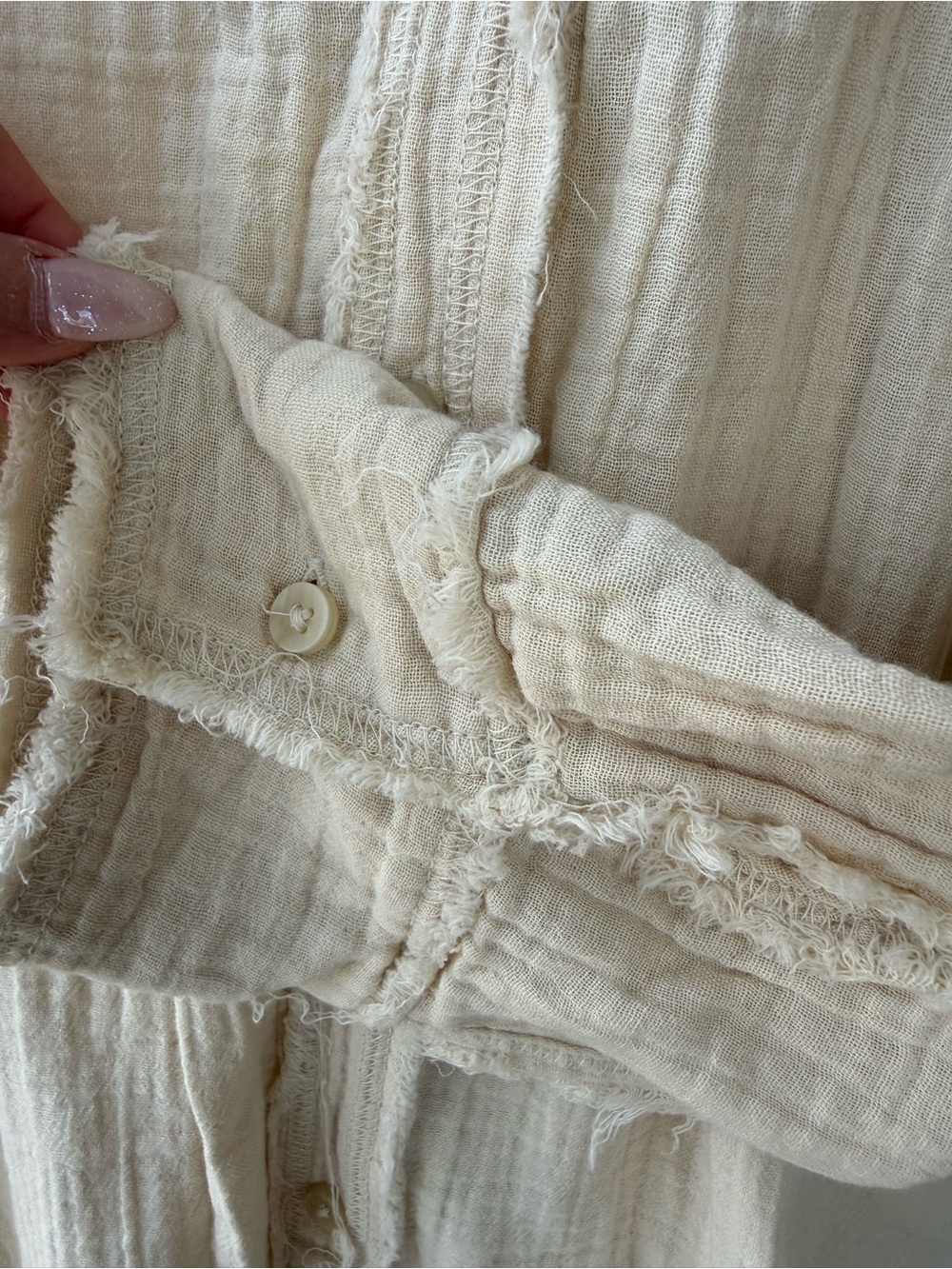 aerie Cream Long-Sleeve Button Down Casual cotton Shirt - Picture 4 of 6
